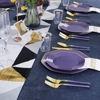 KIRE 140Pcs Purple Plastic Plates with Gold Rim& Gold Disposable Plastic Silverware with Handle&Clear Cups&Hand Napkin- Geometric Purple Plastic Plates for Parties & Mardi Gras