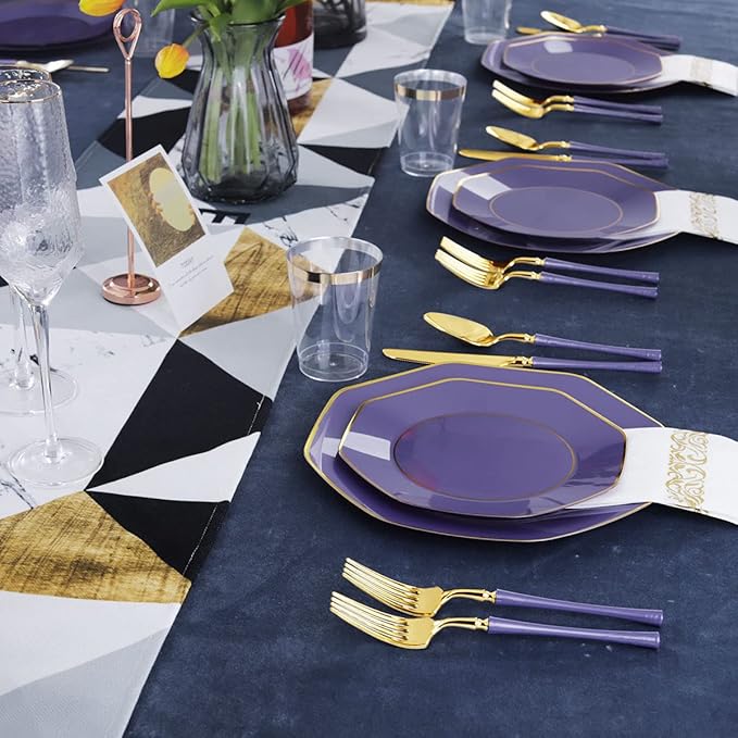 KIRE 140Pcs Purple Plastic Plates with Gold Rim& Gold Disposable Plastic Silverware with Handle&Clear Cups&Hand Napkin- Geometric Purple Plastic Plates for Parties & Mardi Gras