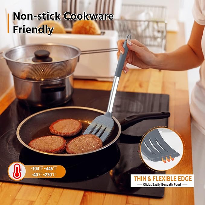 Silicone Spatula Set of 2, E-far Solid & Slotted Turner for Nonstick Cookware, Heat Resistant Rubber Kitchen Cooking Utensils for Flipping Fish Pancake Egg - Grey