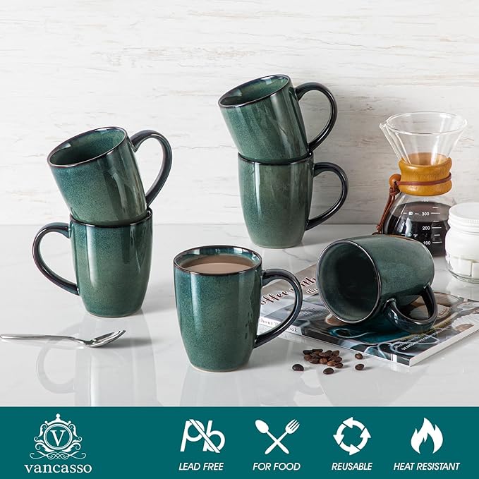 vancasso STARRY Ceramic Coffee Mug Set of 6, 16 Oz Tea Cups with Handle for Latte, Tea, Cappuccino, Milk, Cocoa, Microwave&Dishwasher Safe, Green