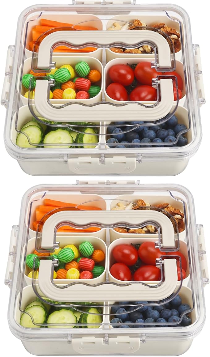 Divided Serving Tray with Lid and Handle, Portable Snack Box Container, 6 Compartments Veggie Fruit Snackle Tray, Charcuterie Platter Container for Party, Nuts, Snacks, Picnic,2 Pack, MEDIUM SIZE