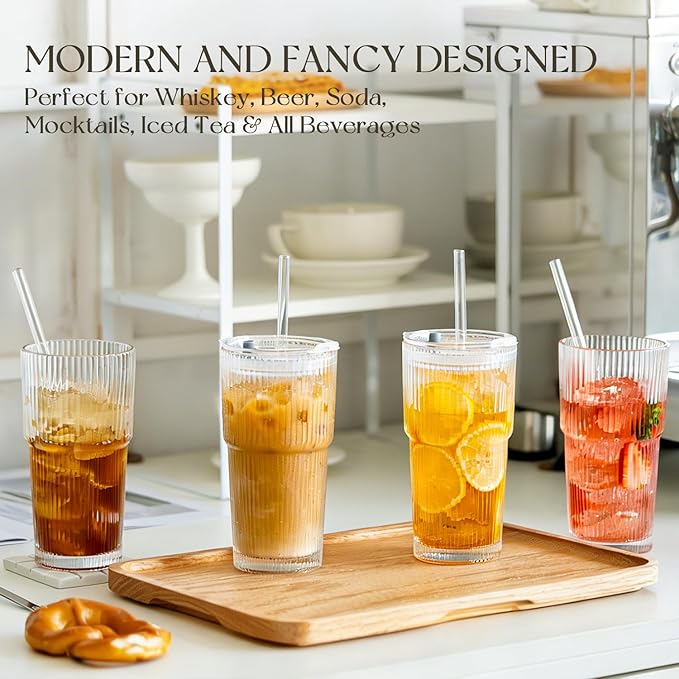 KEMORELA 2-Pack 20 oz Ribbed Glass Tumblers with Lids and Glass Straws – Vintage Iced Coffee Cups, Reusable Smoothie & Cocktail Drinking Glasses, Clear Glassware for Home or Cafe