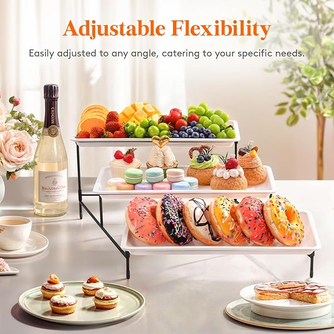 Lifewit 3 Tier Serving Tray, 36 x 17 cm/14 x 6.5 White Plastic Tiered Food Serving Platters, Tiered Tray Stand for Party with Black Collapsible Metal Stand, Dessert Display Stand for Cookies/Crackers