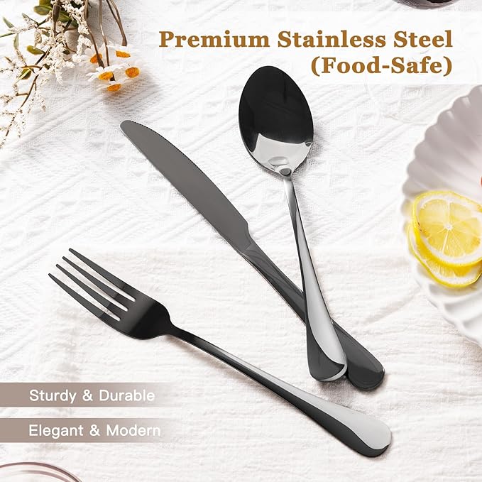 Astercook Silverware Set 48-Piece Black Flatware Set with Steak Knives Food-Grade Stainless Steel Cutlery Set for 8 Mirror Polished Utensils Set Include Spoons and Forks for Home Kitchen Restaurant