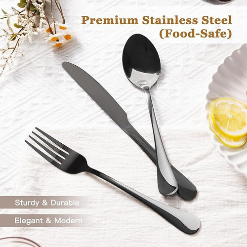 Astercook Silverware Set 48-Piece Black Flatware Set with Steak Knives Food-Grade Stainless Steel Cutlery Set for 8 Mirror Polished Utensils Set Include Spoons and Forks for Home Kitchen Restaurant