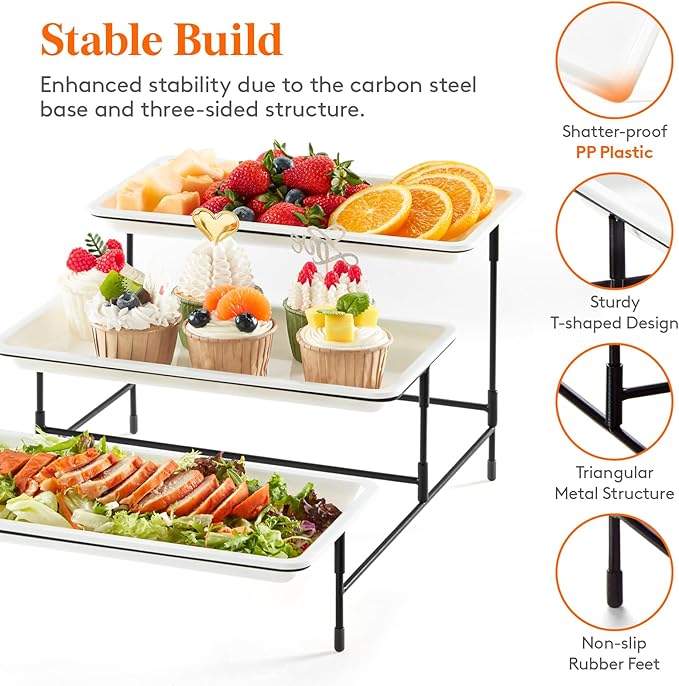 Lifewit 3 Tier Serving Tray, 30 x 17 cm/12 x 6.5 White Plastic Tiered Food Serving Platters, Tiered Tray Stand for Party with Black Collapsible Metal Stand, Dessert Display Stand for Cookies/Crackers