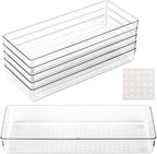 Ohlove 6 Pcs Large Clear Plastic Drawer Organizers Tray 15" x 6.3" Storage Bins with 25 Pcs Non-Slip Pads for Makeup, Jewelries, Kitchen Utensils, Bathroom and Office