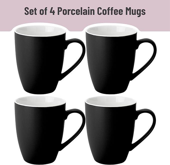 BTaT- Porcelain Coffee Mugs Set, 16 Ounces, 4 Pack, Black Ceramic Coffee Mugs with Handle, Restaurant Cups for Mocha, Tea, Cappuccino, Cocoa, Cereal, Mug Gift Set, Dishwasher and Microwave Safe