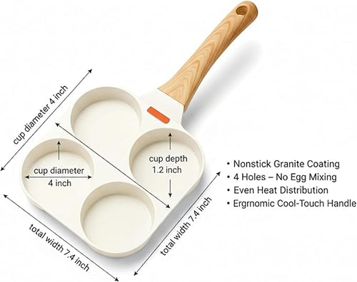 4-Hole Egg Frying Pan Nonstick Granite Coating | PFOA Free Divided Omelette Pancake Skillet | 4-Cup Breakfast Egg Cooker for Induction Gas Electric Stove | Easy Clean Non Stick Cooking Pan