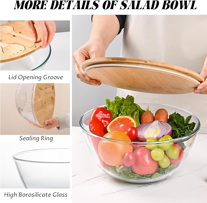 LOVYANXUE 10.6" Glass Salad Bowl with Sealed Lid, 4.7 Quart Large Capacity Serving Bowls and Mixing Bowls with Utensils, Versatile Glass Bowls for Salads, Trifle, Fruits, Pasta, Microwave Safe