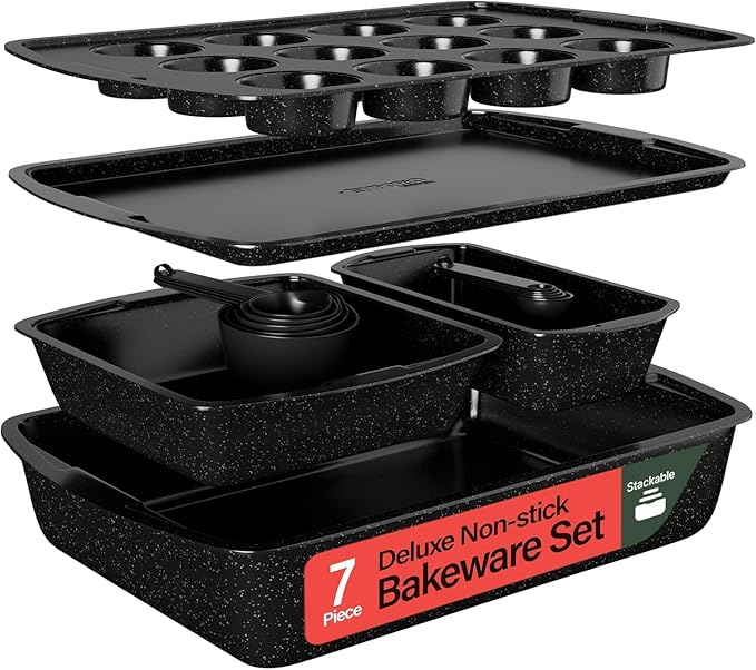 Stackable Baking Pan Set - Deluxe Nonstick Gray Marble Coating, Carbon Steel Bakeware Sets, PFOA, PFOS, PTFE Free, Recipe Booklet Included, Oven Safe (Up to 450°F), Set of 7