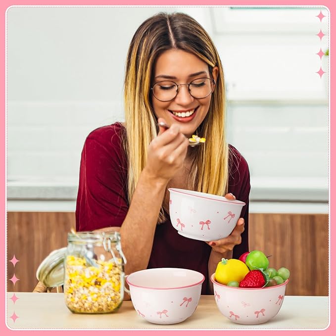 Maxdot 4 Pcs Pink Bow Ceramic Bowls Set 10oz Coquette Cute Soup Bowl Preppy Dessert Pudding Fruit Salad Decorations for Kitchen Decoration Pink White Bowl