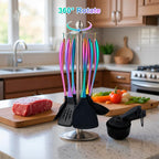 Silicone Cooking Utensils Set, 17pcs Kitchen Utensil Set with Rotatable Holder, Heat-Resistant Silicone Utensils for Cooking, Non-Stick Spatula Set with Stainless Steel Handle,Turner,Ladle (Rainbow)
