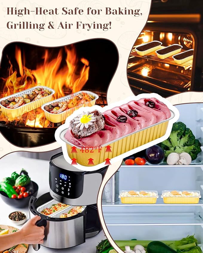 100 Pack Mini Loaf Pans with Lids, Spoons & Stickers – Disposable Aluminum Foil Baking Cake Containers for Oven, Air Fryer & Freezer – Ideal for Cakes, Bread, Pudding, Parties & Gifting, Gold