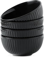 HASENSE 7 Inch Large Serving Bowls Set of 4, 42 Oz Black Ceramic Salad Bowl for Kitchen,Modern Ribbed Porcelain Dishes for Entertaining,Soup,Pho,Pasta,Cereal, Noodle - Dishwasher & Microwave Safe