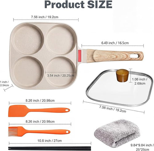 4‑Cup Nonstick Egg Pan Set with Lid – Aluminum Omelette Skillet for Breakfast, Includes Silicone Scraper, Oil Brush, Chopsticks & Cleaning Cloth – Compatible with Gas & Induction Cooktops (White)