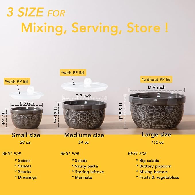 Ceramic Mixing Bowls 3-Piece: Nesting Ceramic Bowls with Lids - Microwave Safe for Kitchen Baking and Serving - Ideal for Home Bakers (Grey)
