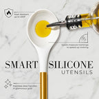 8 Piece White and Gold Kitchen Utensils – White Silicone Cooking Utensils Set, Ceramic Utensil Holder & Stackable Gold Spoon Rest –Nonstick, Non-Toxic, Heat Resistant, Luxury Kitchen Accessories