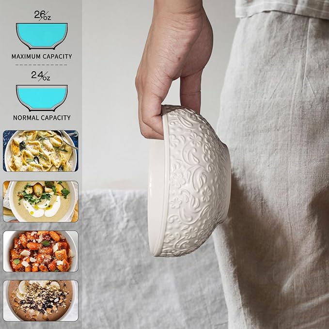 Artena Ceramic Cereal Bowls 26 oz, Embossment Soup Bowls Set of 4, White Salad Bowl for Kitchen, Dinner, Breakfast, Oatmeal, Rice, Pasta, Dishwasher Microwave Safe, 6 inch (Flower) (Pack of 2)