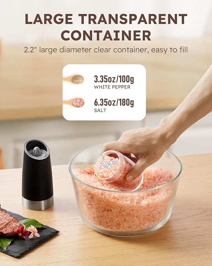 Sangcon Gravity Electric Salt and Pepper Grinder Set Automatic Shakers Mill Grinder with LED Light, BATTERY POWERED Adjustable Coarseness One Hand Operation, Upgraded Larger Capacity