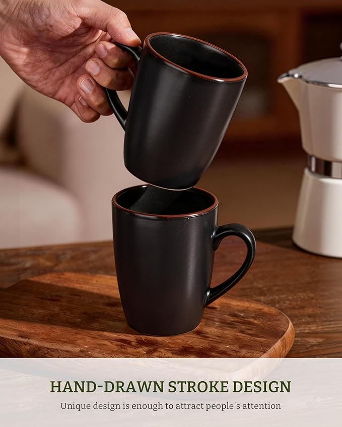 famiware Venus Coffee Mugs for 6, 14 oz Mug Set, Dringking Cup with Handle for Coffee, Tea, Cocoa, Milk, Matte Black