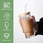 6 Pack Glass Cups with Lids and Straws, 16oz Ribbed Drinking Glasses Tumblers Durable Drinkware Water Glasses Cup Ideal Gift for Home, Kitchen, Office