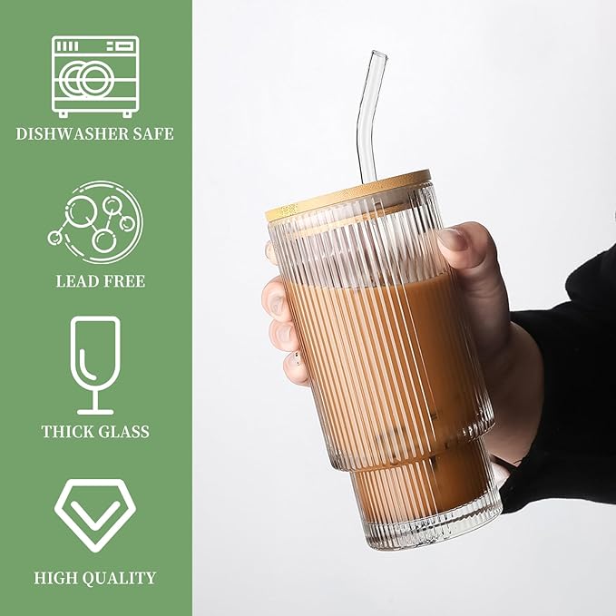 2 Pack Glass Cups with Lids and Straws, 16oz Ribbed Drinking Glasses Tumblers Durable Drinkware Water Glasses Cup Ideal Gift for Home, Kitchen, Office