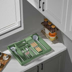Bamboo-Silverware-Drawer-Organizer-Kitchen, Expandable Utensil Holder Cutlery Tray Flatware Organization Adjustable Wood Tableware Dividers Storage (with Removable Knife Block)(Grayish Green)