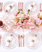 Ciaell 350PCS Rose Gold Plastic Plates - Clear Rose Gold Disposable Plates with Plastic Silverware include 100Plates, 150Silverware, 50Cups, 50Napkins for Wedding & Party & Mother's Day
