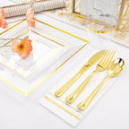 Festiva 350Pcs Clear Plastic Plates with Gold rim - Clear Gold Disposable Dinnerware for 50 Guests includeSquare Plastic Plates/Cups/Cutlery/Napkins Perfect for Birthday Party&Wedding