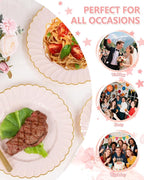 YOUBET 175PCS Pink Scalloped Plastic Plates - Gold Disposable Dinnerware Set Include 50 Plates, 75 Gold Silverware, 25 Cups, 25 Napkins for Party & Wedding & Baby Shower Mothers Day