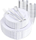 Hioasis 300pcs White and Silver Plastic Plates - Disposable Dinnerware Set Suitable for 50 Guests Include 10.25" Dinner & 7.5" Dessert Plates,Silverware Set, Cups for Weddingr(NO Napkins Included)