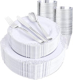 Hioasis 300pcs White and Silver Plastic Plates - Disposable Dinnerware Set Suitable for 50 Guests Include 10.25" Dinner & 7.5" Dessert Plates,Silverware Set, Cups for Weddingr(NO Napkins Included)