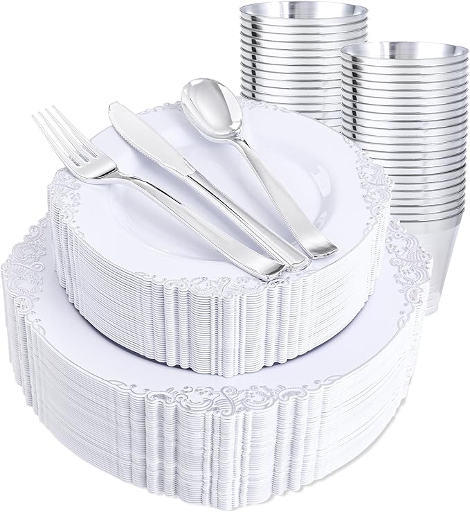 Hioasis 300pcs White and Silver Plastic Plates - Disposable Dinnerware Set Suitable for 50 Guests Include 10.25" Dinner & 7.5" Dessert Plates,Silverware Set, Cups for Weddingr(NO Napkins Included)
