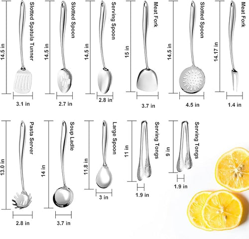 304 Stainless Steel Kitchen Utensils Set,11 Pcs Stainless Steel Cooking Utensils Set, Long Metal Cooking Utensil Gadgets Tools Set with Spatula, Spoon,Skimmer,Tongs etc (Dishwasher Safe)