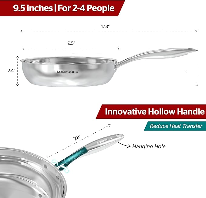 Sunhouse 9.5 Inch Tri-Ply Stainless Steel Frying Pan, Whole-Clad No Coatings Skillet with Stay-cool Handle for Cooking, Durable & Oven Safe to 500°F, Dishwasher Safe, Compatible with All Cooktops