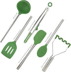 Tovolo Silicone Cooking Utensil Set of 6 Stainless Steel Handle Ladle Slotted Turner Tongs Flex Core Spatula Scraper Mixing Spoon & Potato Masher, Dishwasher Safe BPA Free Utensils, Pesto Green