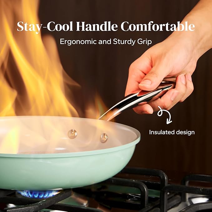Redchef Ceramic Non Stick Pan, Large Skillet for Stir-Fry & Dinner, Chemical Free Healthy Coating, High Heat Performance, PTFE & PFAS & PFOA Free, Mint Green, 11 Inch