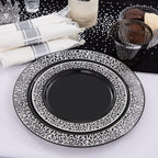 NOCCUR 210PCS Black and Silver Dinnerware Set for 30 Guests - Black Plastic Plates with Silver Rim Include 30 Dinner / 30 Dessert Plates, 30 Prewrapped Silverware, 30 Cups Ideal for Party/Graduation