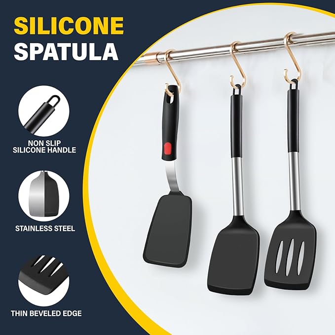 3 Pcs Silicone Spatula Set, Heat Resistant Solid & Slotted Turner for Non-Stick Pans, Silicone Cooking Utensils Set, BPA-Free, Flexible Spatula Turner for Flipping Eggs, Burgers, Pancakes, Black
