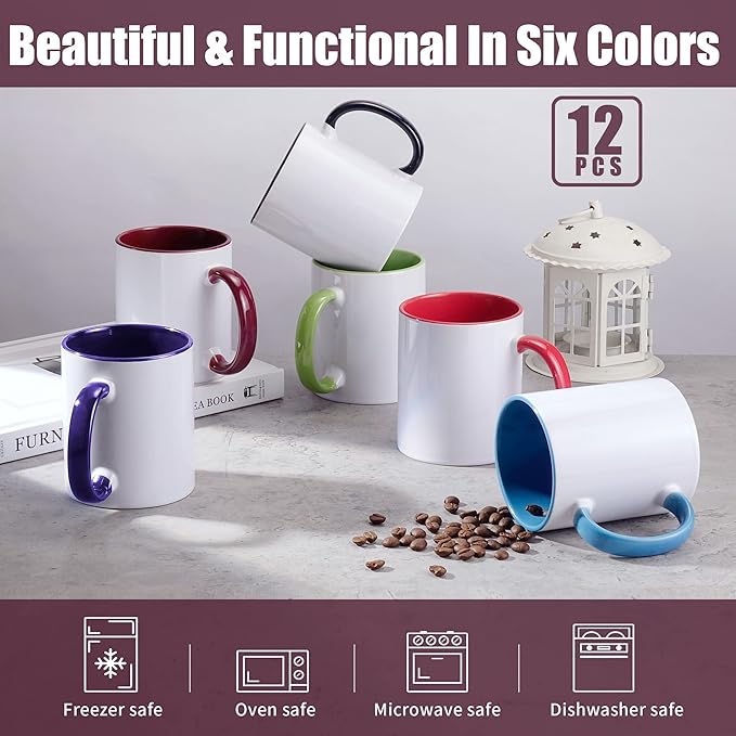 TANGLONG Sublimation Mugs 11 oz Sublimation Cups Bulk Coffee Mugs Tazas Para Sublimar 6 Assorted Colors Set of 12