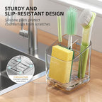 Minimalist Sponge Holder for Kitchen Sink, 3 Slots Sink Caddy with Removable Divider and Drip Tray, Clear PET Countertop Organizer to Free up Kitchen Sink Space