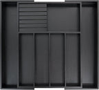 VaeFae Bamboo Silverware Drawer Organizer Kitchen, Expandable Utensil Organizer with Knife Block, Cutlery Tray with Divider, Multifunctional Drawer Organizer (Black)
