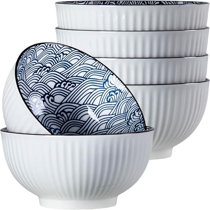 Houlu 6 in Small Japanese Bowls Set of 6, Versatile 30 oz Blue and White Porcelain Bowls for Soup, Cereal, Salad, Desserts, and Side Dishes - Wave Pattern