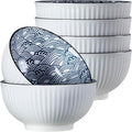 Houlu 6 in Small Japanese Bowls Set of 6, Versatile 30 oz Blue and White Porcelain Bowls for Soup, Cereal, Salad, Desserts, and Side Dishes - Wave Pattern