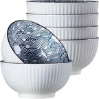 Houlu 6 in Small Japanese Bowls Set of 6, Versatile 30 oz Blue and White Porcelain Bowls for Soup, Cereal, Salad, Desserts, and Side Dishes - Wave Pattern