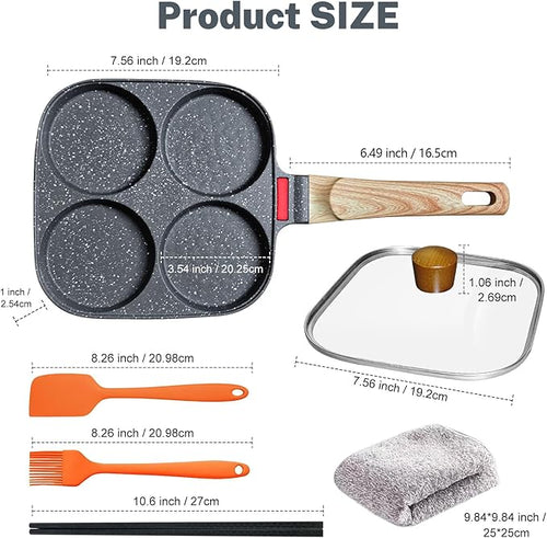 4‑Cup Nonstick Egg Pan Set with Lid – Aluminum Omelette Skillet for Breakfast, Includes Silicone Scraper, Oil Brush, Chopsticks & Cleaning Cloth – Compatible with Gas & Induction Cooktops (Black)