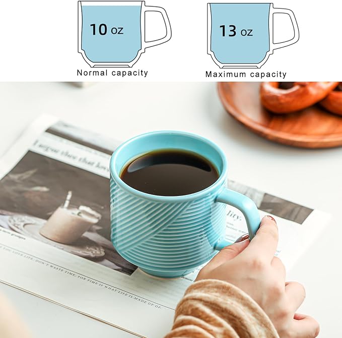 Stackable Coffee Mugs Set: 13 oz Ceramic Stacking Cups for Cappuccino Latte Tea - Microwave Safe Mug for Home & Office - 4 PCS, Turquoise