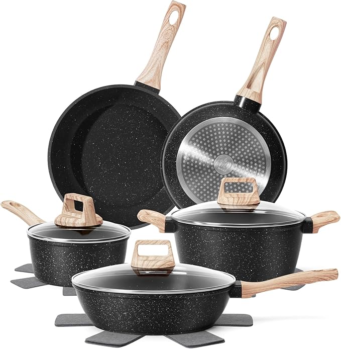 12 Pcs Pots and Pans Set Non Stick, Cookware Sets Black Granite Induction Cookware, Non-toxic Healthy Nonstick Kitchen Cooking Set with Frying Pans Set, Saucepans (PFAS/ PFOA/ PFOS Free)