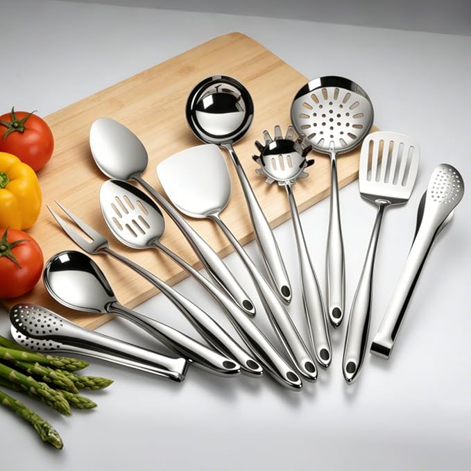 18/10 Stainless Steel Cooking Utensils Set, 11 PCS Long Large Metal Cooking Utensil Tools Set, Mirror Polished Kitchen Gadget Cookware and Kitchen Tool Set, Dishwasher Safe